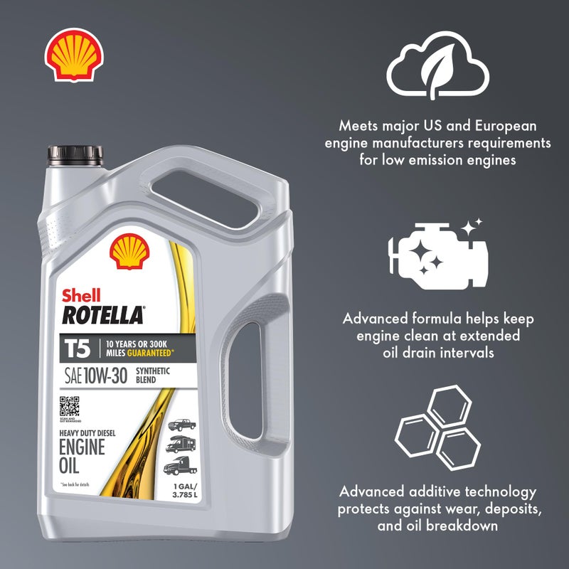 Shell Rotella زيت محرك شل روتيلا T5 خليط صناعي 10W-30، 1 جالون (3 عبوات) - Image 4